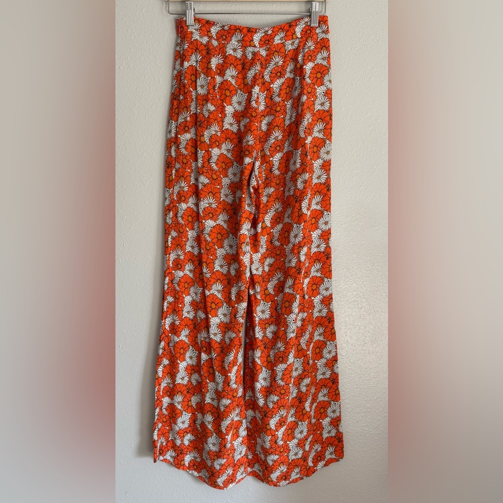 Topshop Orange Floral Daisy Wide Leg Pants Retro 70s Boho Trousers Size 4 - Picture 3 of 9